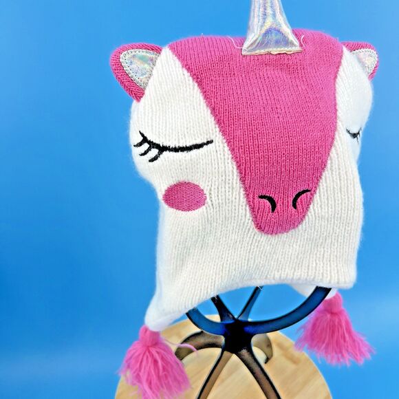 Unicorn Beanie One Size Fits All Pink & White - Picture 2 of 10